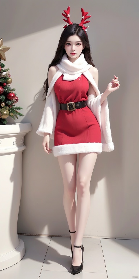  Diaochan,gift,snowing,christmas,box,snow,christmas ornaments,(christmas tree:1.7),(sky:1.3),1girl,solo,(snow:1.5),thighhighs,hood,bell,skirt,(small breast:1.3),fur trim,red footwear,red skirt,looking at viewer,wide sleeves,capelet,hood up,black hair,(antlers:1.3),red thighhighs,pleated skirt,christmas,neck bell,hooded capelet,star \(symbol\),red capelet,long sleeves,, (raw photo:1.2),((photorealistic:1.4))best quality,masterpiece,illustration,an extremely delicate and beautiful,extremely detailed,CG,unity,8k wallpaper,Amazing,finely detail,masterpiece,best quality,official art,extremely detailed CG unity 8k wallpaper,absurdres,incredibly absurdres,huge filesize,ultra-detailed,highres,extremely detailed,beautiful detailed girl,cinematic lighting,1girl,pale skin,tall female,(perfect body shape),skinny body,Slender legs, red dress