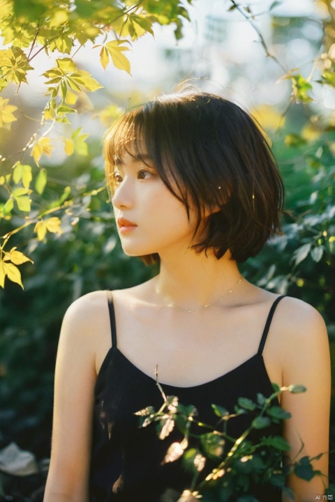  Photographer Toshio Sato's shooting style features fresh Japanese tones and Fuji cameras, with a 35MM lens. In the setting sun and golden moments, a bust of a young girl is captured in close-up shots with short hair and melancholic gaze. The black camisole dress (obstructed composition with blurred leaves in the foreground: 1.6), the girl leaning against a barbed wire mesh (mottled light and shadow, clear focus, sharp image: 1.6), emotional and atmospheric, with a golden realistic style. Portrait photography features lens flares,jastyle