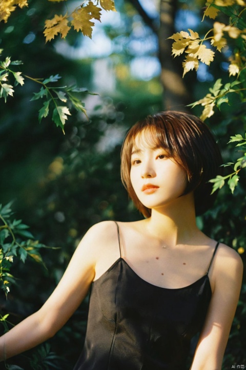  Photographer Toshio Sato's shooting style features fresh Japanese tones and Fuji cameras, with a 35MM lens. In the setting sun and golden moments, a bust of a young girl is captured in close-up shots with short hair and melancholic gaze. The black camisole dress (obstructed composition with blurred leaves in the foreground: 1.6), the girl leaning against a barbed wire mesh (mottled light and shadow, clear focus, sharp image: 1.6), emotional and atmospheric, with a golden realistic style. Portrait photography features lens flares,jastyle