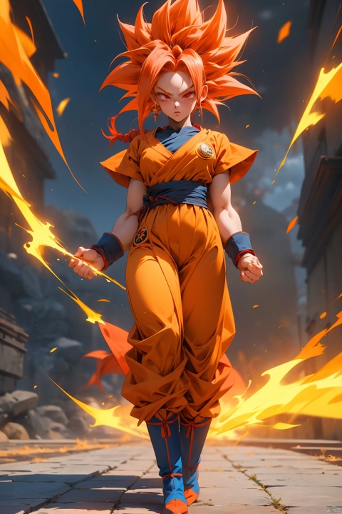  (best quality, masterpiece),solo, (1girl), red eyes, super saiyan, red hair, son goku, boots, aura, full body, clenched hands, blue footwear,