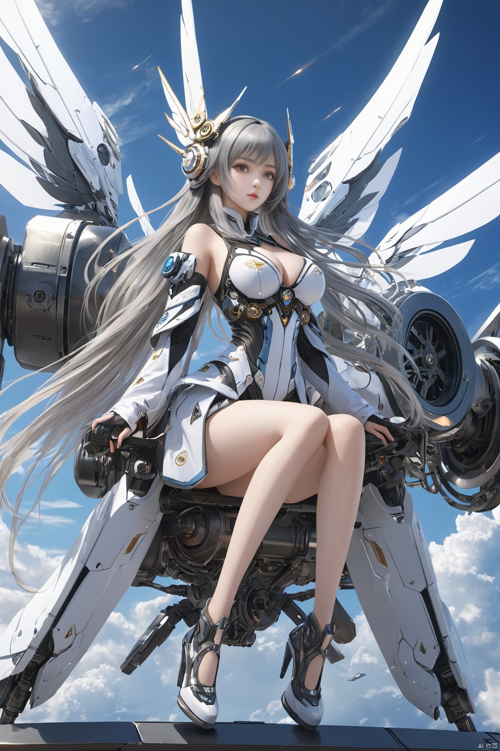  ((masterpiece)), ((best quality)), ((illustration)), extremely detailed,1 girl,mecha clothes,, big breasts,Dark white very_long_hair, scifi hair ornaments, beautiful detailed deep eyes, beautiful detailed sky, cinematic lighting, wind,Mechanical wings,Squatting and sitting