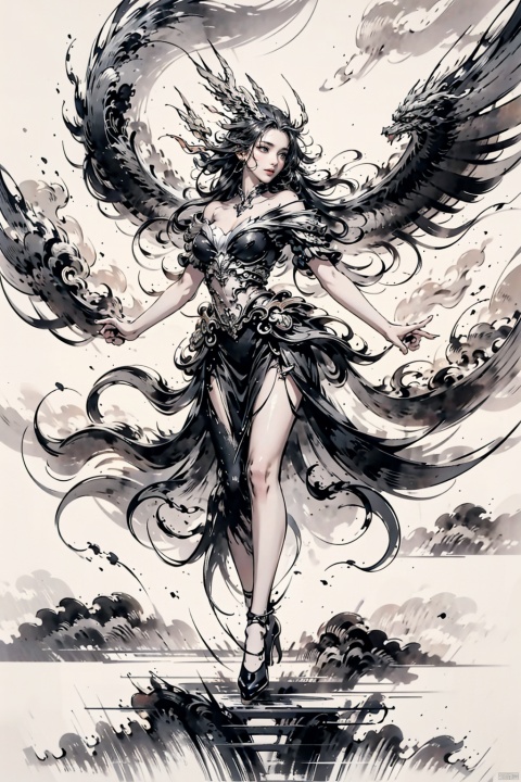  A young woman dances with a phoenix under the moonlight,the phoenix's wings glowing like flowing flames,and the young woman's skirt sways gently with her steps,their harmony resonating like celestial music,