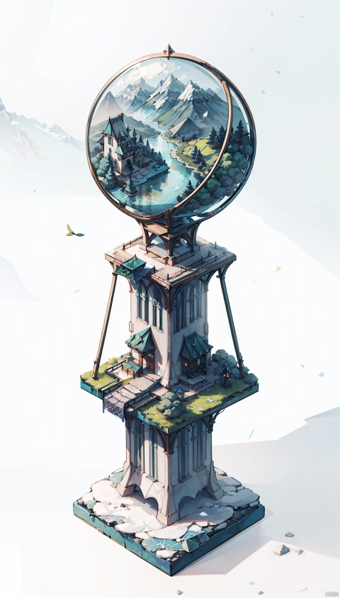  (best quality), (4k resolution), creative illustration of a miniature world on a white pedestal. The world is a green sphere with various natural and artificial elements. There is a river, trees, mountains, and a small house on the sphere. The image has a minimalist style with a light color palette that creates a contrast with the white background
