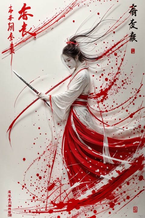  a girl, smwuxia,chinese text,blood, weapon:sw,blood splatter,motion blur,text,full body,hanfu, looking,