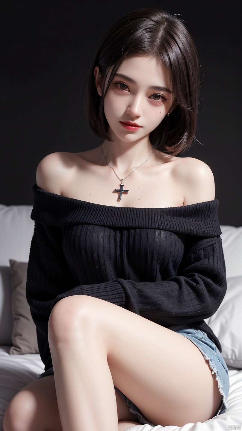  (short hair woman)、(off-the-shoulder sweater、Oversized sweater)、(Hidden Shorts)、(cross-legs sitting、Hands lying on thighs)、on the beds、large full breasts、Deep valley、top-quality、​masterpiece、illustratio、extremely delicate and beautiful、highlydetailed skin、CG、Unity、8k wallpaper、astonishing、finely detail、Highly detailed CG Unity 8k wallpapers、huge filesize、hight resolution、Handsome detailed woman、extremely detailed eye and face、 Stunning detailed eyes、Facial light、(The best illustrations:1.1)、(BestShadows:1.1)、超A high resolution、(Photorealsitic:1.1)、(Photorealistic 1.2:1.1)、Realistic facial proportions、Slimed、a smile、(fluffy black eyes:1.21)、black eyes、Look at viewers、dark brownhair、耳环、a necklace、hair pin、FULL BODYSHOT、(irregular skin imperfections、vein、mole、Wrinkles on the skin、pores:1.2)、(Dark night background: 1.2)、(bokeh dof:1.4)、, jujingyi