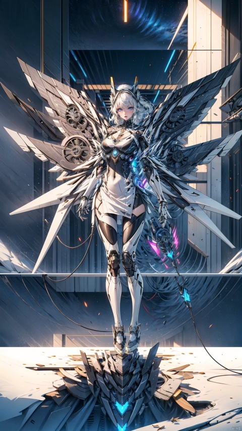  (cyberpunk),Maintenance workshop,luminous,in dark room,dynamic pose,posing, rgblights,night,lights,mechanical wings,wings,mechanical wings with fans,1girl,solo,blue eyes,mecha musume,dress,white hair,,hair ornament,mechanical luminous earphones,mechanical helmet,Volumetric Lighting,rim light,bright,Metal wings with ornate stripes,floating hair,Gorgeous battle scenes, light effects, Tianqi Ji, tianq