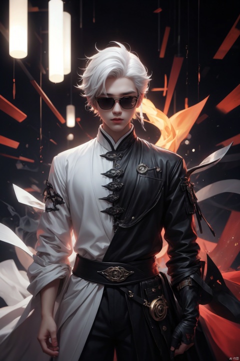  //
( code background), (data background,:1.2),
//
multicolored_background,red and white background,sam yang, (1boy:1.3), (short white hair,hair slicked back,:1.2)black sunglasses, expressionless,cowboy shot, no_eyes,(colored inner hair, colored_tips,:1.2), shota, ink style, Light-electric style, (\shuang hua\), 372089, flat, cozy animation scenes, bpstyle, green eyes