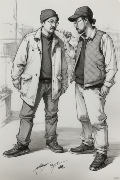  ((HRD, HUD, 8K)),((masterpiece, best quality)), highly detailed, soft light,
Sketching - MultipleCharacters, multiple boys, hat, monochrome, beanie, male focus, greyscale, 2boys, glasses, traditional media, facial hair, cigarette, signature, vest, dated, sketch, jacket, shoes, , MultipleCharacters