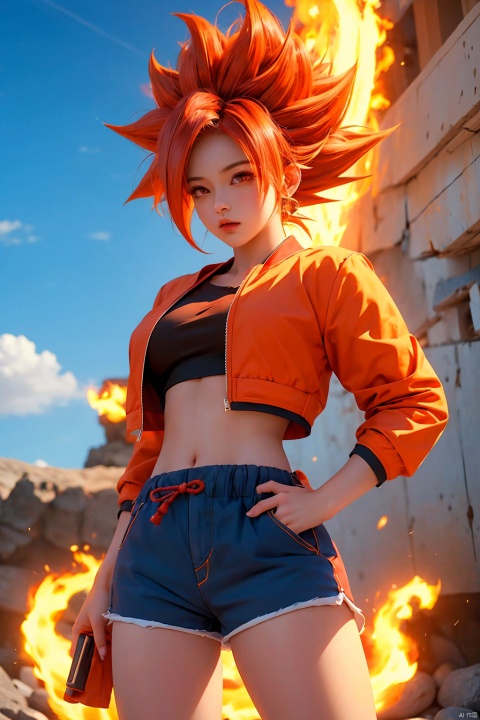  (best quality, masterpiece),solo, 1girl, red eyes, super saiyan, red hair, son goku, aura,Breast groove, clenched hands,Shorts, jacket, navel,