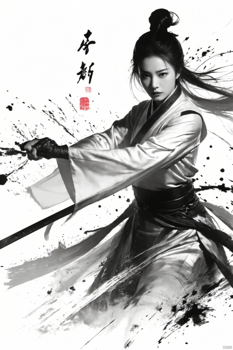  a girl, smwuxia,chinese text,blood, weapon:sw,blood splatter,motion blur,text,fdjz, Ink scattering_Chinese style