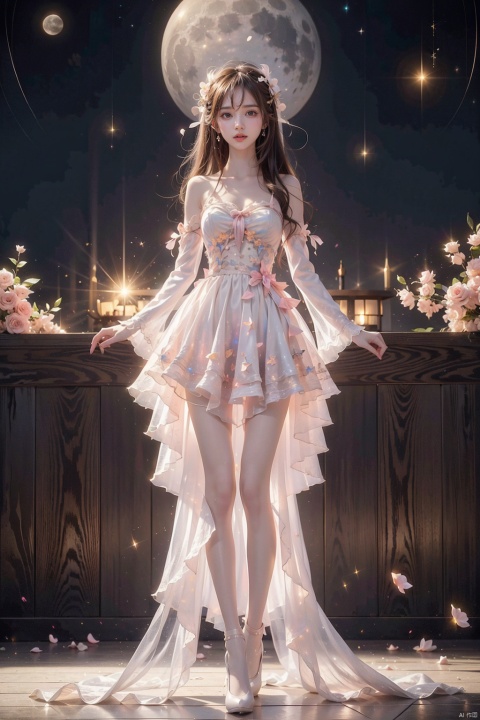  1 girl, Aurora, Bangs, bare shoulders, black shoes, white stockings, blue eyes, boots, bow, chest, (gradual change) , cherry blossoms, City Lights, shut up, clouds, sleeves, clothes, falling flowers, flowers, full moon, (white top hat) , bow, knees, long hair, long sleeves, looking at audience, medium chest, galaxy, Moon, night sky, outdoors, petals, pink flowers, pink roses, railings, roses, rose petals, Meteor, sky, Solo, space, standing, Star (Sky) , star, star print, thigh, long hair, white skirt, white flower, white headdress, blackpantyhose, yifu, hand101, dress, miniJK, xuancaiqun, ((poakl)),kneel