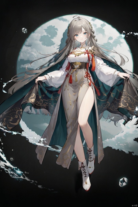  qingyi,(masterpiece), (best quality),(highly detailed), (ultra-detailed),illustration,(extremely detailed CG unity 8k wallpaper),on_wilderness,1girl,Taoist, chinese_clothes,(((Chinese Traditional costumes))),darkgray_cape, khaki_((cloth))_boots,white_cloth_shoes,long_sleeves,long_cape, floating_hair, (golden Auspicious Clouds patterns on gray Taoist robe),swept_bangs,white_straight_hair,very_long_hair, looking_at_viewer,cool,cold_eyes,detailed_face,detailed_eyes,medium_breasts,floating, floating on Magic Circle,the magic circle with Eight-Diagram tactics,