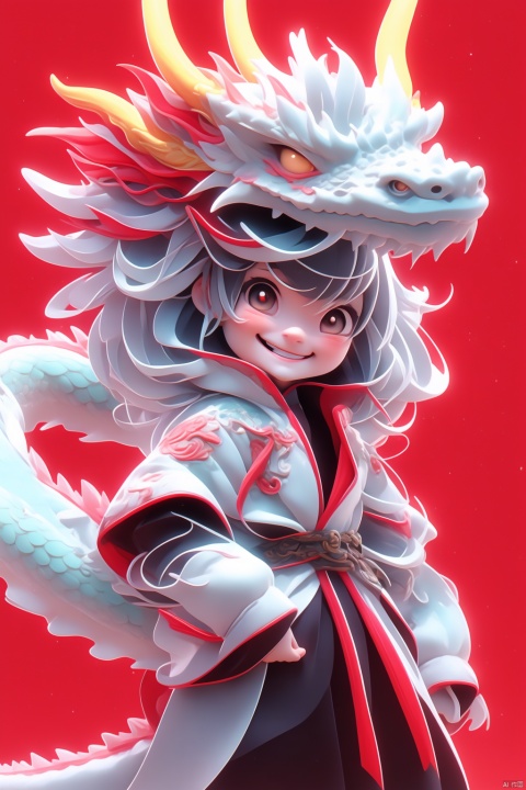  1 girl, long white hair, smiling, oriental dragon, long sleeve, jacket, bangs,, red background