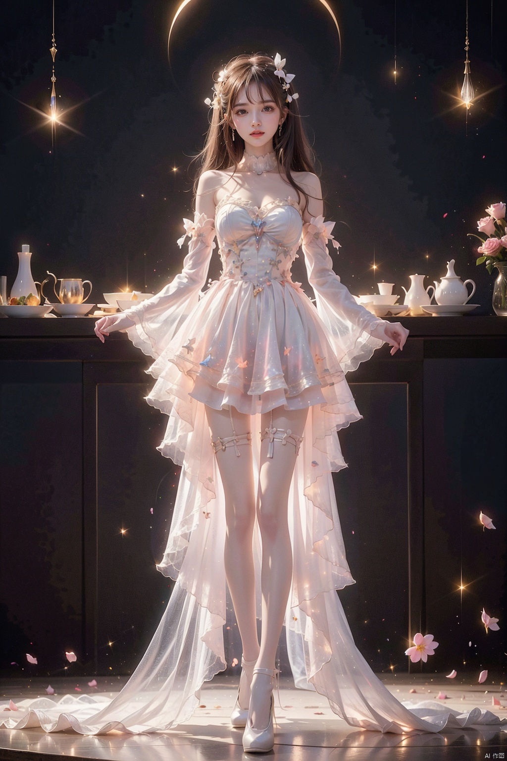  1 girl, Aurora, Bangs, bare shoulders, black shoes, white stockings, blue eyes, boots, bow, chest, (gradual change) , cherry blossoms, City Lights, shut up, clouds, sleeves, clothes, falling flowers, flowers, full moon, (white top hat) , bow, knees, long hair, long sleeves, looking at audience, medium chest, galaxy, Moon, night sky, outdoors, petals, pink flowers, pink roses, railings, roses, rose petals, Meteor, sky, Solo, space, standing, Star (Sky) , star, star print, thigh, long hair, white skirt, white flower, white headdress, blackpantyhose, yifu, hand101, dress, miniJK, xuancaiqun, ((poakl)),kneel