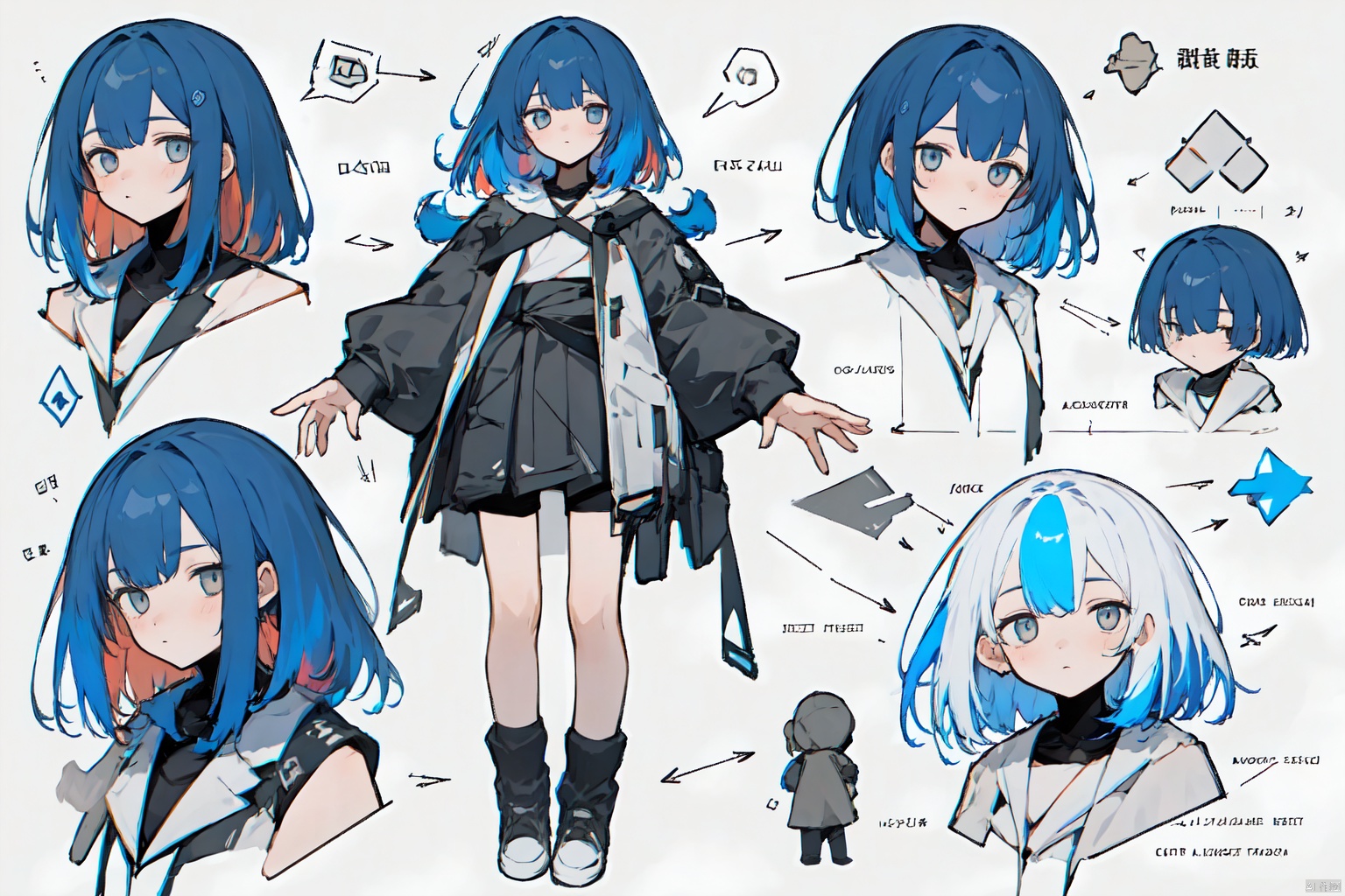  girl, multi-view, hair, Pure color background, different movements, Diagram, word,Multi-view,Colored hair, character designs, original characters,a complex design,Half body,The whole body