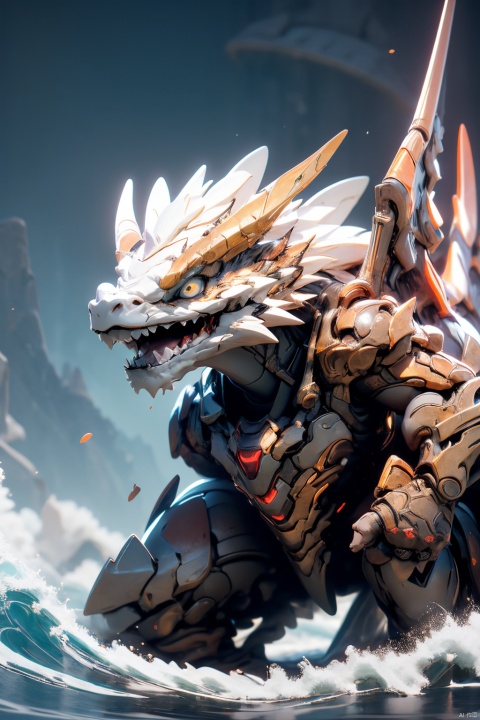  Jaeger, King of the seas, glowing white eyes, bluish-white skin, muscular build, muscular limbs, weapons in hand, perfect body proportions, golden body proportions, commanding the waves, full body portrait, like bright volume lighting, beautiful detailed rendering of 8K octane, post-processing, full body, extremely detailed, complex, epic composition, cinematic lighting, masterpiece, very, very detailed, masterpiece, stunning detailed matte paintings, dark colors, fantasy, intricate details, splash screen, complementary colors, fantasy concept art, 8K resolution trends in the Art Station Illusion Engine 5, Chinese dragon, low-poly style, panoramic shots