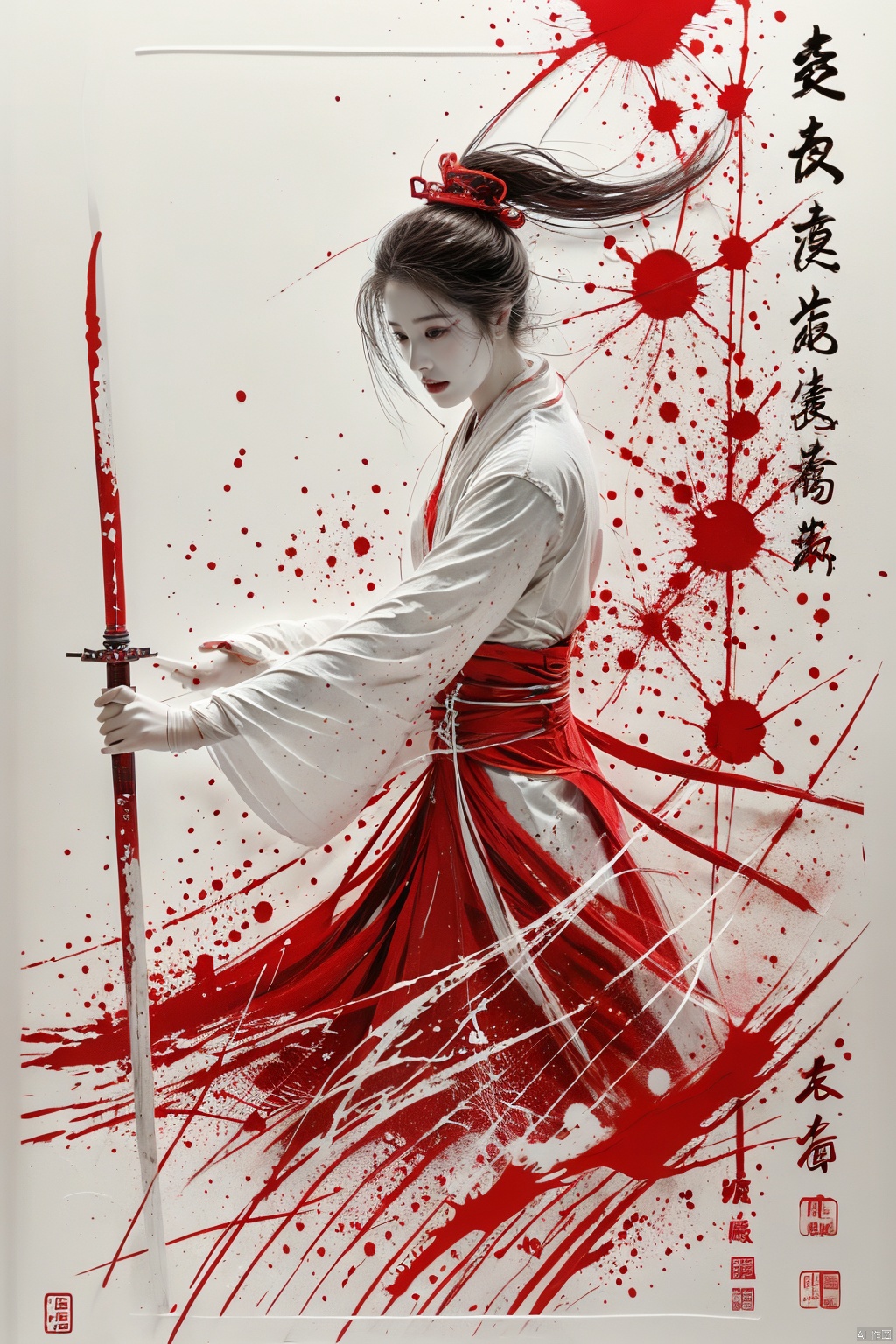  a girl, smwuxia,chinese text,blood, weapon:sw,blood splatter,motion blur,text