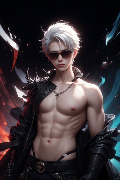  //
( code background), (data background,:1.2),
//
multicolored_background,red and white background,sam yang, (1boy:1.3), (short white hair,hair slicked back,:1.2)black sunglasses, expressionless,cowboy shot, no_eyes,(colored inner hair, colored_tips,:1.2), shota, ink style, Light-electric style, (\shuang hua\), 372089, flat, cozy animation scenes, bpstyle, green eyes