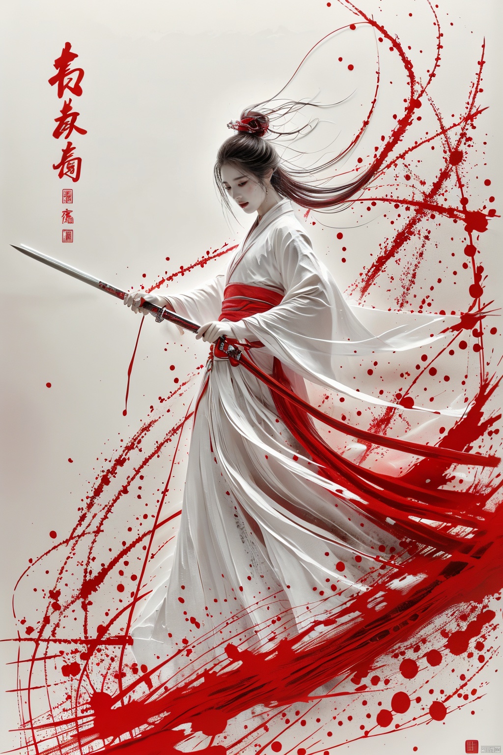  a girl, smwuxia,chinese text,blood, weapon:sw,blood splatter,motion blur,text,full body,hanfu, looking,
