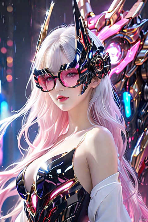  Dimensional Armory,wearing black and red, Anime girl in bare-shoulder dress,with long white hair,wearing black glasses frame,glowing pink special effects,gradient blue and pink Lights,light blue background,rich details,Expose the mechanical mask of the eyes,ultra high resolution,32K UHD,best quality,masterpiece,