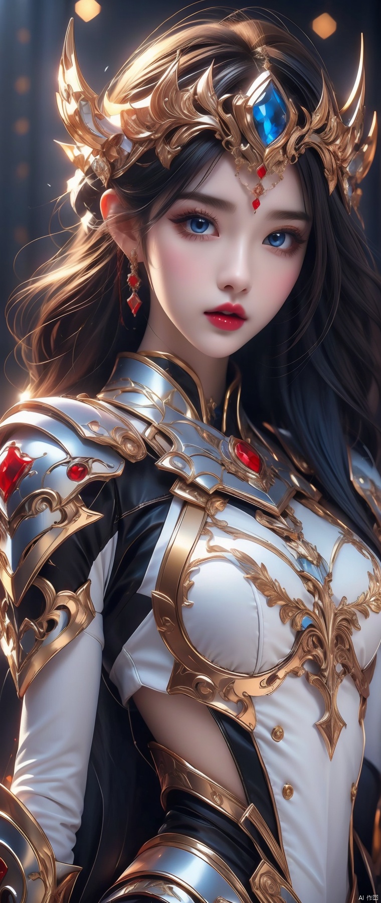  4k, office art,1girl with white armor,decorated with complex patterns and exquisite lines, k-pop, blue eyes, dark red lips,