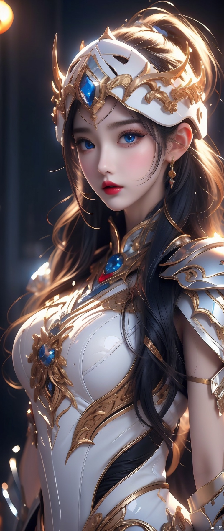  4k, office art,1girl with white armor,decorated with complex patterns and exquisite lines, k-pop, blue eyes, dark red lips,