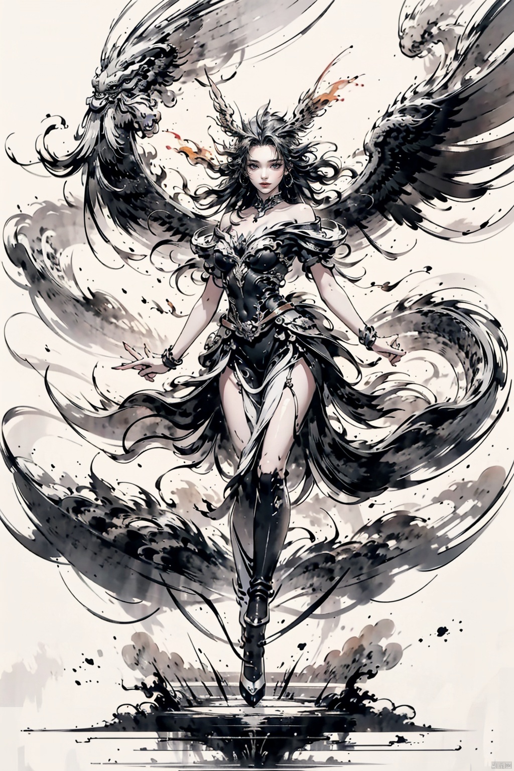  A young woman dances with a phoenix under the moonlight,the phoenix's wings glowing like flowing flames,and the young woman's skirt sways gently with her steps,their harmony resonating like celestial music,