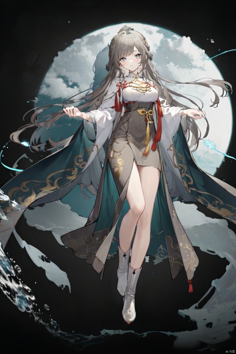  qingyi,(masterpiece), (best quality),(highly detailed), (ultra-detailed),illustration,(extremely detailed CG unity 8k wallpaper),on_wilderness,1girl,Taoist, chinese_clothes,(((Chinese Traditional costumes))),darkgray_cape, khaki_((cloth))_boots,white_cloth_shoes,long_sleeves,long_cape, floating_hair, (golden Auspicious Clouds patterns on gray Taoist robe),swept_bangs,white_straight_hair,very_long_hair, looking_at_viewer,cool,cold_eyes,detailed_face,detailed_eyes,medium_breasts,floating, floating on Magic Circle,the magic circle with Eight-Diagram tactics,