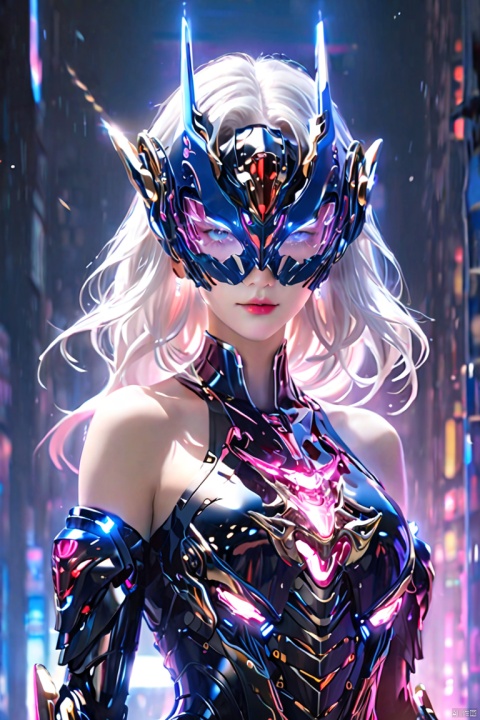  Dimensional Armory,wearing black and red, Anime girl in bare-shoulder dress,with long white hair,wearing black glasses frame,glowing pink special effects,gradient blue and pink Lights,light blue background,rich details,Expose the mechanical mask of the eyes,ultra high resolution,32K UHD,best quality,masterpiece,