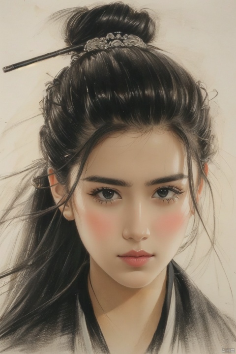  ((HRD, HUD, 8K)),((masterpiece, best quality)), highly detailed, soft light,
ColoredLead, 1girl, solo, hair stick, black hair, hair ornament, traditional media, looking at viewer, portrait, long hair, black eyes, closed mouth, realistic, signature, lips, hair bun, single hair bun, simple background, nose,