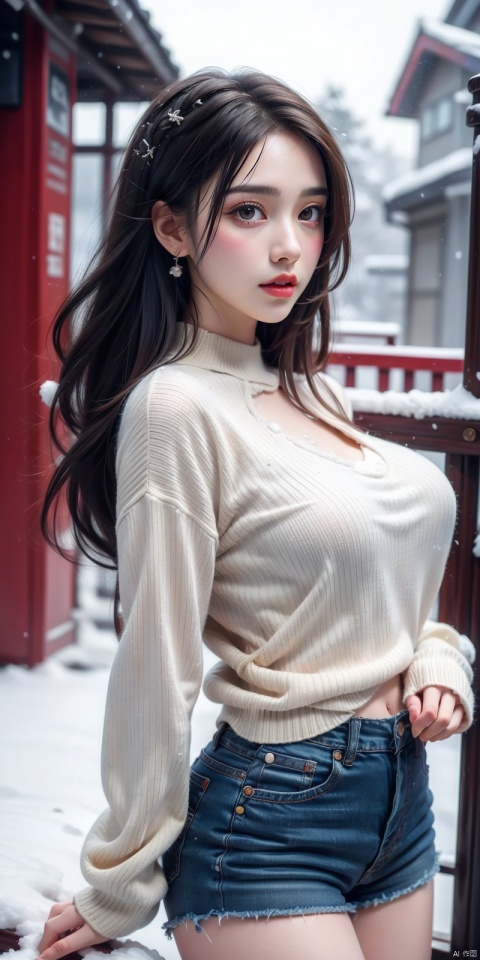  1girl,asian,(detailed background, outdoor,highly detailed background,flying snow,), colorful hair,arrings, parted lips, realistic, female focus, masterpiece,high resolution,1girl,ultra-detailed,extreme detailed, gradient,detailed eyes, mature female, (wide hips), thighhighs,chubby legs,sweater, ,jewelry,eyeshadow,earrings,puffy cloth,jean shorts, (highest detailed hair) ,full body, stunning colors, bold colors,hard light, zixia, heiguafu, depth of field,big breasts,nsfw
