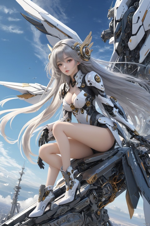  ((masterpiece)), ((best quality)), ((illustration)), extremely detailed,1 girl,mecha clothes,, big breasts,Dark white very_long_hair, scifi hair ornaments, beautiful detailed deep eyes, beautiful detailed sky, cinematic lighting, wind,Mechanical wings,Squatting and sitting