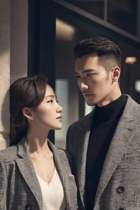  2persons\(1man and 1girl\),fashion model,asian,Charming eyes,exquisite facial features,Natural light,indoros,portrait, (masterpiece, realistic, best quality, highly detailed, profession), 
BREAK
1man is wearing jacket,jzns
BREAK
1girl is wearing coat,plns,
