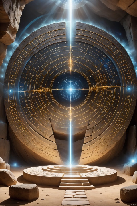 Um Stargate circular que leva um homem a outro futuro, ancient inscriptions, ambientado dentro de uma caverna misteriosa.