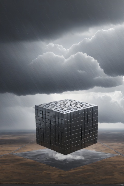 Clouds in the shape of cubes made out of steel, raining down on the flatlands
