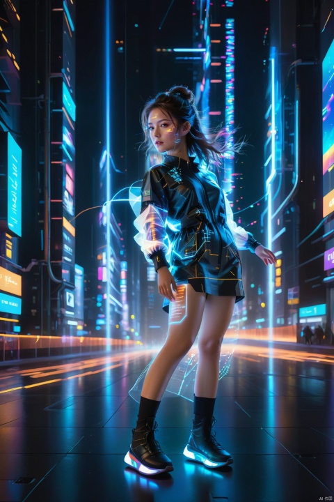  1girl, (full body),(masterpiece, best quality: 1.2) , 16K, horizontal image quality,UI, technology of the future, multi-line light on body, glowing text on body,, (glowing electronic screen) , (electronic message flow: 1.3) , holographic projection, (glowing electronic screen on ARM: 1.2) , glowing text on thigh, glowing electronic shoes, city blocks, skyscrapers,glitches, 
An imaginative prompt: A futurist masterpiece rendered in extraordinary 16K horizontal resolution, this digital artwork envisions a solitary girl poised amidst urban blocks and towering skyscrapers within a dreamlike metropolis illuminated by neon lights. The central figure dons an avant-garde, ultra-mini dress that epitomizes the spirit of futurism, seamlessly blending into her surroundings.
Her body serves as a canvas upon which multiple dynamic light trails trace her form, each pulsating rhythmically with the heartbeat of the city. Glowing text seemingly etched onto her skin transforms like an electronic epic, reflecting an ever-flowing stream ofairborne
Equipped on her arm is an advanced holographic projection device originating from a dazzling luminescent electronic screen, showcasing torrents of real-time data. Similarly, her thigh bears luminous inscriptions, adding depth to this high-tech tableau.
She stands confidently, her posture exaggerated at 1.2 times its natural scale to convey both strength and poise. Her feet are shod in futuristic glowing electronic shoes, defying gravity with every step. A towering, glowing electronic billboard looms in the background, broadcasting rapid digital information streams, forming a visually impactful and monumental digital wall., portrait