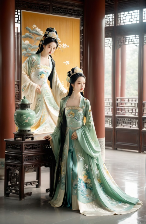 1girl, full body, standing behind a desk with a brush in her hand, thinking about an unfinished painting.  A censer on the desk is emitting white smoke.  Inside a gorgeous Chinese palace, solo, looking at the audience, long hair, Chinese embroidery princess green dress, gracefully standing behind the desk, Chinese princess, gentle and graceful,

A girl, standing in full form within an opulent interior of a Chinese palace, is positioned behind an elegant desk where she holds a writing brush, deeply engrossed in contemplation over an unfinished painting. Her long hair cascades down her back, and she is adorned with an exquisite green princess gown embroidered in traditional Chinese patterns, exuding both grace and refinement. On the desk beside her incomplete artwork, a censer emits wisps of white smoke, infusing the air with a serene and mystical ambiance. Despite being in the quiet solitude of the room, her gaze is directed towards an imagined audience, as if poised to begin a solo performance. This focused and elegant stance beautifully embodies the inner charm and poise of a Chinese princess.
