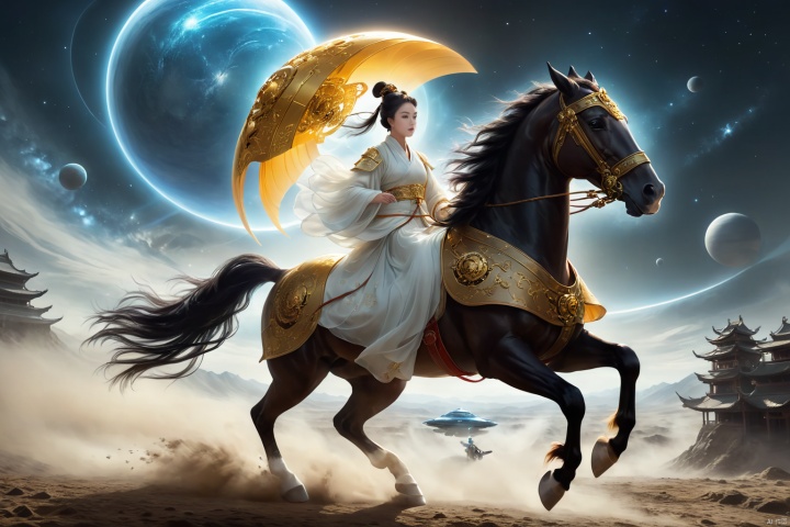 1girl,solo,black hair,hair ornament,hair bun,chinese clothes ,single hair bun,riding,horse,hors,eback riding,The girl is riding on a mechanical warhorse, with an alien spacecraft in the background,
A solitary young woman, her long black hair tied up in a sleek, single hair bun accentuated by a dazzling hair ornament, is dressed in authentic Chinese garb that speaks volumes about her cultural heritage. Riding not just any ordinary horse, but a futuristic mechanical warhorse, she stands out against the stark contrast of her surroundings. 
Against the backdrop of an extraterrestrial spacecraft hovering majestically in the distance, this scene encapsulates a fascinating blend of ancient traditions and advanced technology. The girl's confident stance on her high-tech mount symbolizes a seamless integration of the past and the future, where oriental aesthetics meets sci-fi fantasy.
As she navigates the unknown terrain, her equestrian skills adapt seamlessly to the mechanical creature beneath her, suggesting a world where humanity has evolved beyond the conventional bounds of Earthly limitations. In this surreal imagery, the girl on her mechanical warhorse becomes a beacon of resilience and adaptation, bridging worlds and epochs in a thrilling narrative of human progress and cultural endurance.