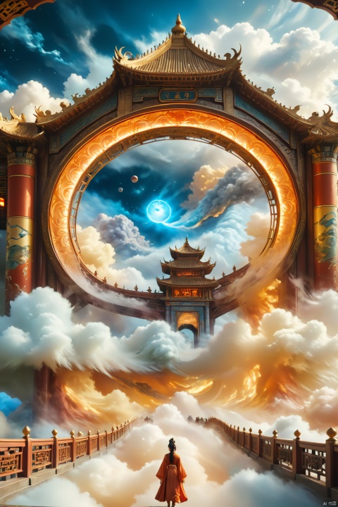 DUNGHUANG,DUNGHUANG BACKGROUND,on the sky,on the clouds,Fairyland, surrounded by clouds and smoke, oriental palace bridge, monster, abstract dream, space, intricate, grand scale, alone, cinematic film still, insane detail, sharp focus, depth of field, realistic lighting, (realistic perspective), complex, (multiple subjects), 4k HDR,   