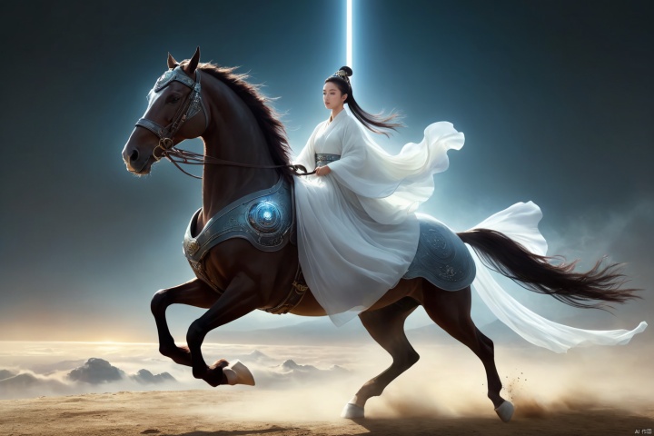 1girl,solo,black hair,hair ornament,hair bun,chinese clothes ,single hair bun,riding,horse,hors,eback riding,The girl is riding on a mechanical warhorse, with an alien spacecraft in the background,
A solitary young woman, her long black hair tied up in a sleek, single hair bun accentuated by a dazzling hair ornament, is dressed in authentic Chinese garb that speaks volumes about her cultural heritage. Riding not just any ordinary horse, but a futuristic mechanical warhorse, she stands out against the stark contrast of her surroundings. 
Against the backdrop of an extraterrestrial spacecraft hovering majestically in the distance, this scene encapsulates a fascinating blend of ancient traditions and advanced technology. The girl's confident stance on her high-tech mount symbolizes a seamless integration of the past and the future, where oriental aesthetics meets sci-fi fantasy.
As she navigates the unknown terrain, her equestrian skills adapt seamlessly to the mechanical creature beneath her, suggesting a world where humanity has evolved beyond the conventional bounds of Earthly limitations. In this surreal imagery, the girl on her mechanical warhorse becomes a beacon of resilience and adaptation, bridging worlds and epochs in a thrilling narrative of human progress and cultural endurance.