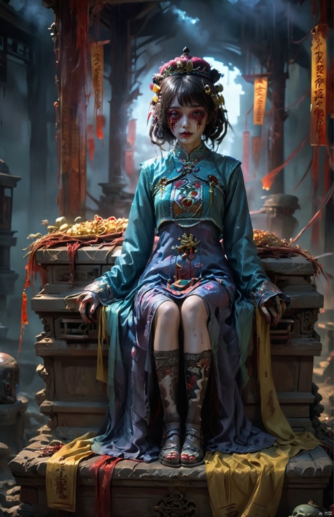 1girl,,masterpiece,best quality,32k uhd, jiangshi, 
In a dilapidated temple, a girl dressed in zombie attire sits atop a coffin.