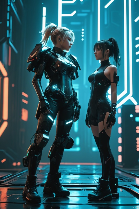  2 Girls, Mechanical, Full Body, Upward Shooting Angle, Cyberpunk Background, Looking at the Audience, Circuit Board,