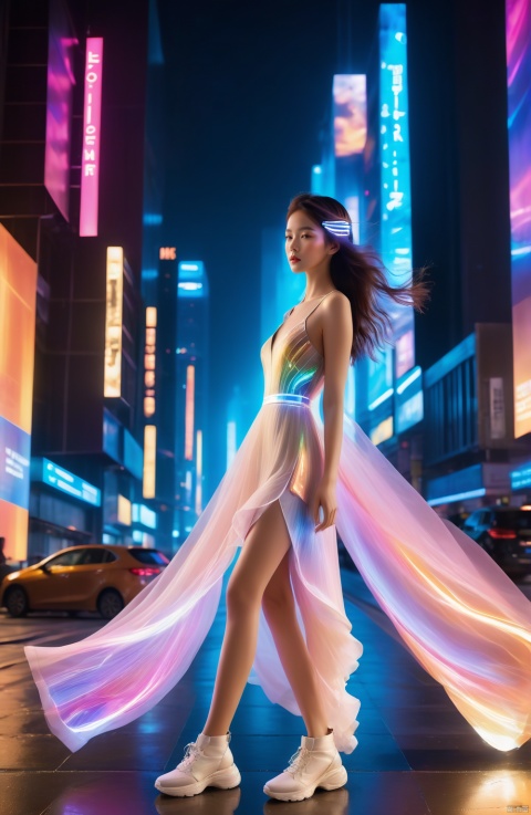  (full body),On a moonlit urban street at night, a solitary young woman stands as the focal point amidst the bustling city block. She dons an exquisite and ethereal dress whose hem dances with the wind, reflecting mesmerizing hues under the neon lights. Her long, lustrous hair cascades down her shoulders, capturing and refracting the vibrant neon glow into a captivating aura of artistry.

Equipped with a state-of-the-art head-mounted display (HMD), she seamlessly merges technology with fashion, hinting at futuristic potentialities. Remarkably, her thigh area features glowing text that appears to be embedded within the fabric of her dress, presenting itself as a moving masterpiece with unparalleled quality – reaching the ultra-high definition benchmark of 16K, where each letter seems to vividly materialize on her skin.

A towering, luminous electronic screen looms in the background, broadcasting a rapid-fire stream of digital information, creating an imposing digital wall of visual impact. Meanwhile, holographic projections blanket the ground, merging virtual reality with the physical world, offering pedestrians an immersive experience like no other.

Beneath her feet, she wears a pair of innovative, light-emitting electronic shoes that burst into dazzling arrays of color with each step, interacting dynamically with the environment around her. Colored smoke envelops the air, weaving an enchanting yet edgy atmosphere that transforms the ordinary city block into a surreal spectacle.

Surrounding her are skyscrapers that pierce the sky, each one adorned with radiant lights that mirror and complement the lower-level neon signs, together composing a majestic nocturnal vista of the modern metropolis. As the woman plays her instrument, its melodies seem to come alive under her fingertips, harmoniously blending with the surrounding lights, texts, and high-tech elements to stage an unprecedented solo concert in the heart of the cityscape.