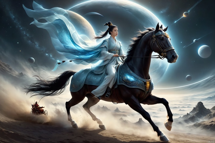 1girl,solo,black hair,hair ornament,hair bun,chinese clothes ,single hair bun,riding,horse,hors,eback riding,The girl is riding on a mechanical warhorse, with an alien spacecraft in the background,
A solitary young woman, her long black hair tied up in a sleek, single hair bun accentuated by a dazzling hair ornament, is dressed in authentic Chinese garb that speaks volumes about her cultural heritage. Riding not just any ordinary horse, but a futuristic mechanical warhorse, she stands out against the stark contrast of her surroundings. 
Against the backdrop of an extraterrestrial spacecraft hovering majestically in the distance, this scene encapsulates a fascinating blend of ancient traditions and advanced technology. The girl's confident stance on her high-tech mount symbolizes a seamless integration of the past and the future, where oriental aesthetics meets sci-fi fantasy.
As she navigates the unknown terrain, her equestrian skills adapt seamlessly to the mechanical creature beneath her, suggesting a world where humanity has evolved beyond the conventional bounds of Earthly limitations. In this surreal imagery, the girl on her mechanical warhorse becomes a beacon of resilience and adaptation, bridging worlds and epochs in a thrilling narrative of human progress and cultural endurance.