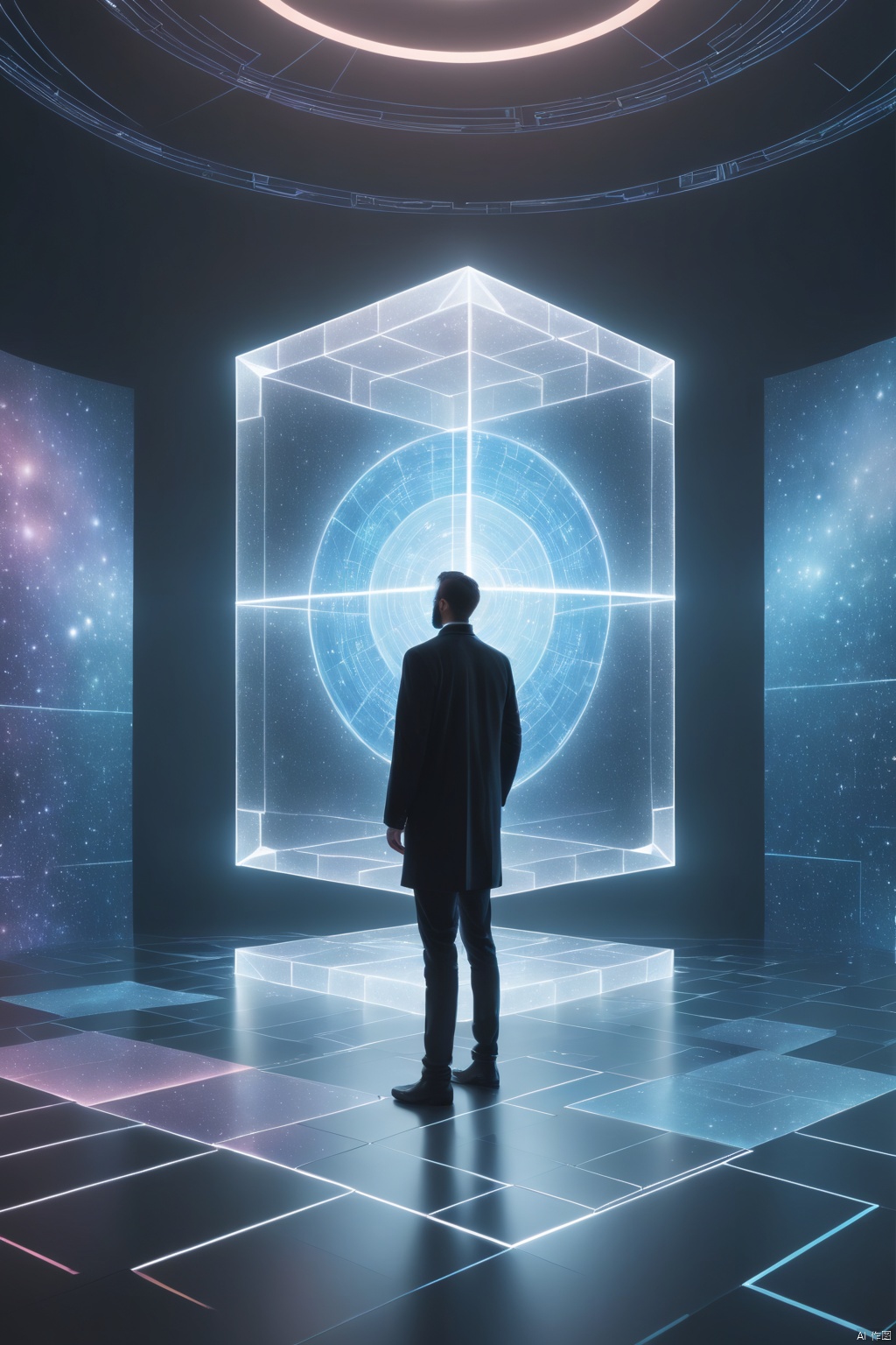  Image of Arafad of a man standing in front of a cube wall, deeper into the metaverse we go, Lit. 'the cube', cube portals, surreal cyberspace, retrofuturist liminal space, matte painting of human mind, projection mapping, holographic projections, the encrypted metaverse, data holograms, a crystalline room