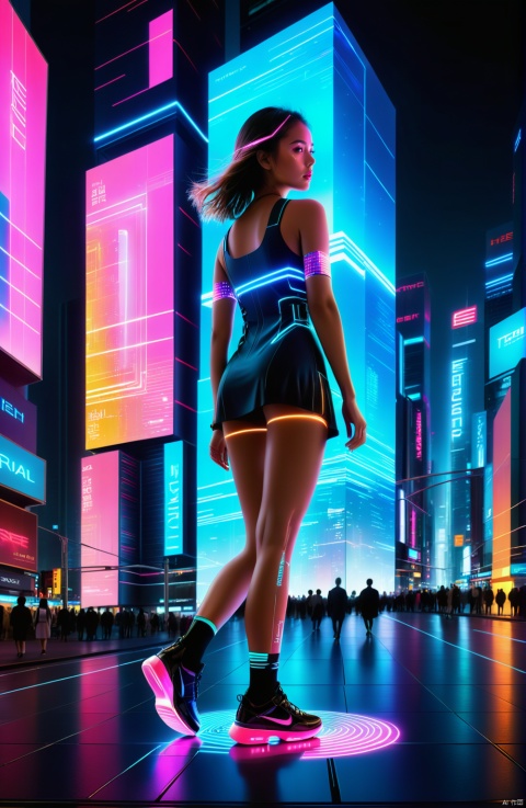  1girl, (full body),(masterpiece, best quality: 1.2) , 16K, horizontal image quality, technology of the future,  multi-line light on body, glowing text on body,, (glowing electronic screen) , (electronic message flow: 1.3) , holographic projection, (glowing electronic screen on ARM: 1.2) , glowing text on thigh,  glowing electronic shoes, city blocks, skyscrapers,
An imaginative prompt: A futurist masterpiece rendered in extraordinary 16K horizontal resolution, this digital artwork envisions a solitary girl poised amidst urban blocks and towering skyscrapers within a dreamlike metropolis illuminated by neon lights. The central figure dons an avant-garde, ultra-mini dress that epitomizes the spirit of futurism, seamlessly blending into her surroundings.

Her body serves as a canvas upon which multiple dynamic light trails trace her form, each pulsating rhythmically with the heartbeat of the city. Glowing text seemingly etched onto her skin transforms like an electronic epic, reflecting an ever-flowing stream of airborne电子信息.

Equipped on her arm is an advanced holographic projection device originating from a dazzling luminescent electronic screen, showcasing torrents of real-time data. Similarly, her thigh bears luminous inscriptions, adding depth to this high-tech tableau.

She stands confidently, her posture exaggerated at 1.2 times its natural scale to convey both strength and poise. Her feet are shod in futuristic glowing electronic shoes, defying gravity with every step. A towering, glowing electronic billboard looms in the background, broadcasting rapid digital information streams, forming a visually impactful and monumental digital wall.

— Style: A fusion of anime, cyberpunk, and realistic elements.
  
— Color Treatment: Infused with neon hues, interwoven with deep blues and vibrant pinks.
  
— Lighting Effects: Employing stark contrasts between bright and dark shadows, complemented by focused spotlights and enveloping neon ambiance lighting.
  
— Emotional Tone: Evoking a sense of futurity while hinting at nostalgia, prompting viewers to contemplate the marvels of technology and inner exploration.
  
— Detail Level: Exceptionally intricate, emphasizing the interaction between light and technology.
  
— Camera Angle: A broad perspective that captures the expansive skyline while simultaneously highlighting the centrality of the main character., dream_building