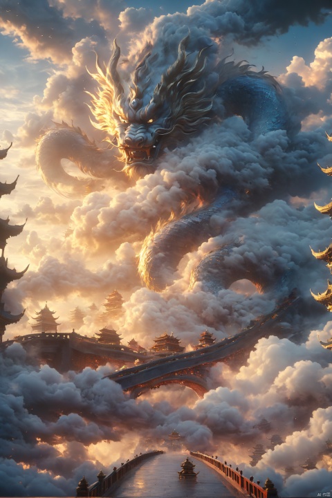 DUNGHUANG,DUNGHUANG BACKGROUND,on the sky,on the clouds,Fairyland, surrounded by clouds and smoke, oriental palace bridge, monster, abstract dream, space, intricate, grand scale, alone, cinematic film still, insane detail, sharp focus, depth of field, realistic lighting, (realistic perspective), complex, (multiple subjects), 4k HDR,   , Arien view