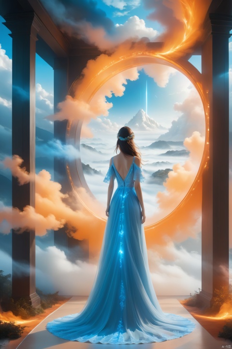 A 4K abstract portal, with a surrealistic, yet realistic, design and a captivating atmosphere., scenery, 1girl,from behind,Tyndall phenomenon,best quality,Super detailed,actual,professional,blue lace wedding dress,rows of orange beams,cloud,mist,,White minimalist,partial reflection,Desktop Wallpapers,