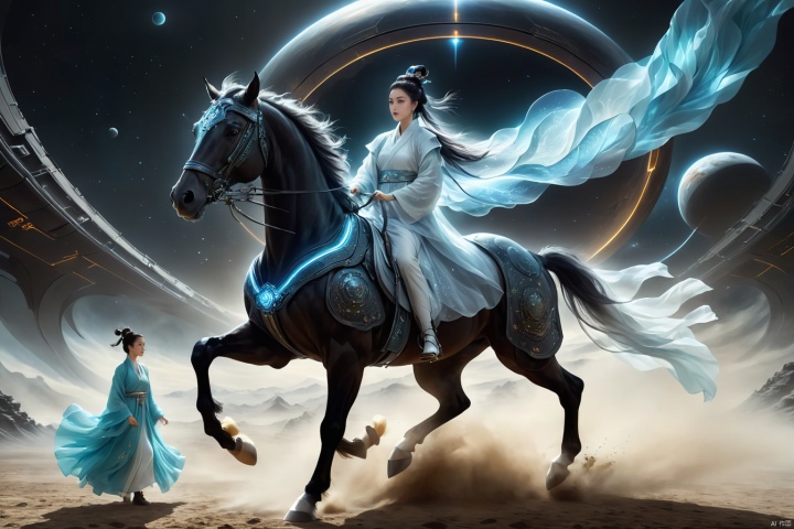 1girl,solo,black hair,hair ornament,hair bun,chinese clothes ,single hair bun,riding,horse,hors,eback riding,The girl is riding on a mechanical warhorse, with an alien spacecraft in the background,
A solitary young woman, her long black hair tied up in a sleek, single hair bun accentuated by a dazzling hair ornament, is dressed in authentic Chinese garb that speaks volumes about her cultural heritage. Riding not just any ordinary horse, but a futuristic mechanical warhorse, she stands out against the stark contrast of her surroundings. 
Against the backdrop of an extraterrestrial spacecraft hovering majestically in the distance, this scene encapsulates a fascinating blend of ancient traditions and advanced technology. The girl's confident stance on her high-tech mount symbolizes a seamless integration of the past and the future, where oriental aesthetics meets sci-fi fantasy.
As she navigates the unknown terrain, her equestrian skills adapt seamlessly to the mechanical creature beneath her, suggesting a world where humanity has evolved beyond the conventional bounds of Earthly limitations. In this surreal imagery, the girl on her mechanical warhorse becomes a beacon of resilience and adaptation, bridging worlds and epochs in a thrilling narrative of human progress and cultural endurance.