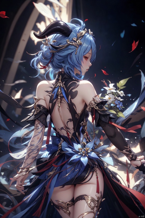  (masterpiece, best quality, best shadow,official art, correct body proportions, Ultra High Definition Picture,master composition),(bust:1.4), (backlight), 
//////
ganyu,1girl,solo,blue hair,ahoge,horns,with a little bell around his neck,detached sleeves, sidelocks,alternate costume,metallic white flower hair accessories,bangs,hair between eyes,bare shoulders,long hair,dress, sexy, plump, 
//////
(dark background), light, 
//////
1girl,cute girl, Metal_wing, masterpiece, ganyu, tattoo on stomach, Ylvi-Tattoos